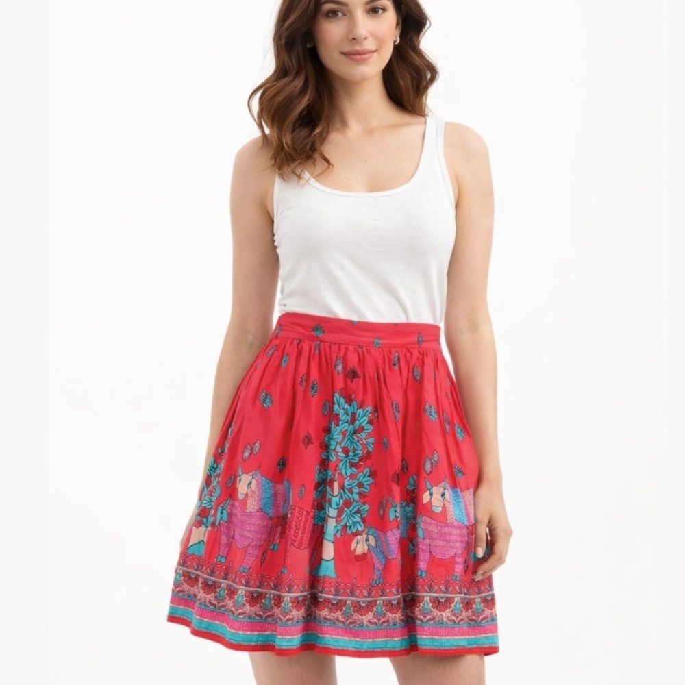 eShakti Bright Elephant Floral Print Cotton Lined Mini Skirt Size XS